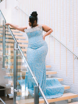 Elegant Blue Strapless Sleeveless Mermaid Prom Dresses Sheath Long With Gem