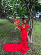Dazzling Red Sweetheart Off-The-Shoulder Straps Prom Dresses Mermaid Column With Lace-Up Back
