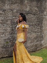 Elegant Yellow Off-The-Shoulder Short Sleeves Mermaid Prom Dresses Beads With High Split
