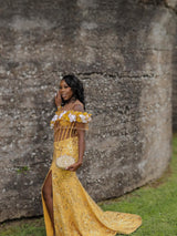 Elegant Yellow Off-The-Shoulder Short Sleeves Mermaid Prom Dresses Beads With High Split