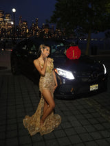 Romantic V-Neck Strapless Sleeveless Mermaid Prom Dresses Sheath Gem With High Split