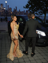 Romantic V-Neck Strapless Sleeveless Mermaid Prom Dresses Sheath Gem With High Split