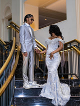 Elegant Off-The-Shoulder Short Sleeves Mermaid Prom Dresses Floor Length With Gem