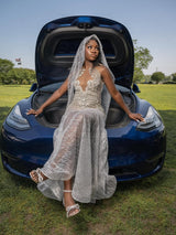 Dazzling V-Neck Sleeveless Mermaid Prom Dresses Floor Length With Gem