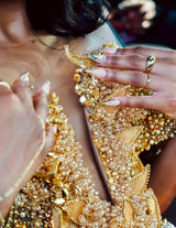 Sparkling Gold V-Neck Off-The-Shoulder Mermaid Prom Dresses Column Long Pearl With Beads