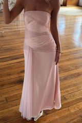 Blushing Pink Strapless Pleats Ankle Length Evening Bridesmaid