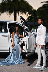 Dusty Blue One Shoulder Prom Dress Split Long With Beads Pearls