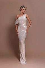 One Shoulder Unique Neckline Cap Sleeves Floor Length Mermaid Prom Dresses