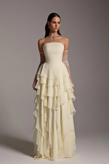 Strapless A-line Ruffles Ivory Elegant Floor length Evening Dresses
