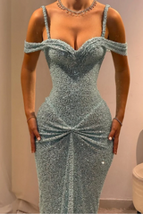 Straps Off-The-Shoulder Sparkle Sequin Column Pleats Long Prom Dresses