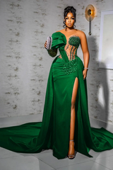 Unique One Shoulder Emerald Green High Split Floor length Prom Dresses