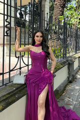 Classy Orchid Sweetheart Prom Dresses Satin Sleeveless High Slit With Pleats