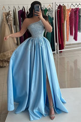 Popular Sky Blue One Shoulder Prom Dresses Sleeveless Sequins With High Slit Pearls