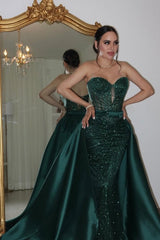 Luxury Dark Green Sweetheart Mermaid Prom Dresses Sequins Lace-Up Back With Overskirt