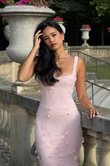 Elegant Heavenly Pink Square Straps Mermaid Prom Dresses Sleeveless With Flower Beads