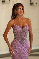 Elegant Lilac Sweetheart Strapless Mermaid Prom Dresses Sequins Gem Sleeveless On Sale