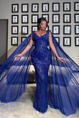 Luxury Royal Blue V-neck Lace Mermaid Prom Dresses Sleeveless Sheath Ribbons With Beads