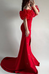 Elegant Red Strapless Mermaid Prom Dresses Bubbles Sleeves High Slit Sheath With Pearls