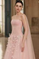 Gorgeous Pink Spaghetti-Straps Tulle Prom Dresses A-Line Ribbon Sleeveless With Beads Flower