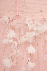 Gorgeous Pink Spaghetti-Straps Tulle Prom Dresses A-Line Ribbon Sleeveless With Beads Flower