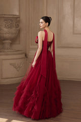 Popular Burgundy Strapless Tulle A-Line Prom Dresses Sleeveless Gem With Bow Knot Beadings