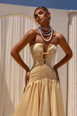 Beautiful Strapless Satin Prom Dresses A-Line Sleeveless Lace-Up-Back With Bow Knot Pleats