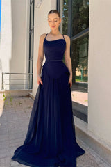 Chic Navy Blue Spaghetti-Strap Prom Dresses Sleeveless Floor Length Pleats With Pearls