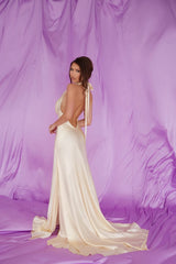 Luxury Halter Sleeveless Satin Prom Dresses Backless Long With Side Slit