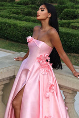 Chic Pink Satin Strapless Sleeveless Prom Dress High Slit A-Line With Flower