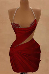 Chic Halter Sleeveless Homecoming Dresses Mini Sheath Prom Dress Pleats With Beads