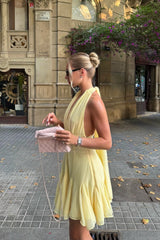 Glamorous Daffodil Halter V-Neck Chiffon Homecoming Dress Sleeveless Backless Mini A-Line With Ruffle