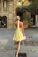 Glamorous Daffodil Halter V-Neck Chiffon Homecoming Dress Sleeveless Backless Mini A-Line With Ruffle