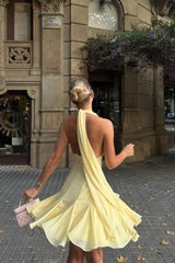 Glamorous Daffodil Halter V-Neck Chiffon Homecoming Dress Sleeveless Backless Mini A-Line With Ruffle