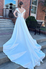 Charming V-Neck A-line Satin Wedding Dresses Sleeveless Long With Buttons Pleats