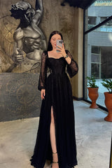 Chic Black Square Long Sleeve Prom Dress A-Line High Split On Sale