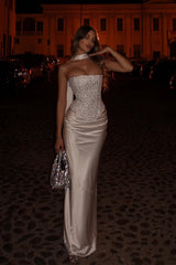 Charming Strapless Sleeveless Satin Prom Dresses Gem Mermaid With Lace-Up Back