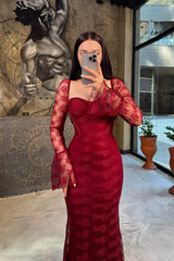 Classy Red Sweetheart Long Sleeve Prom Dress Mermaid Sheath Lace With Zipper