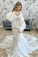 Popular Sweetheart Off-The-Shoulder Mermaid Wedding Dresses Lace Appliques With Detachable Long Sleeveless