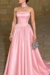 Chic Pink Strapless Sleeveless Stain Prom Dress A-Line Long With Pleats