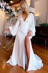 Modern V-Neck Satin Wedding Dresses Long Sleeves Open Back With High Slit