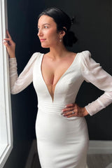 Exquisite V-Neck Long Sleeves Satin Wedding Dresses Mermaid Long Open Back With Buttons Pleats