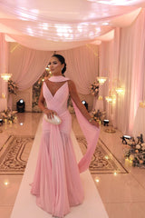 Chic Pink V-Neck Strapless Chiffon Sleeveless Prom Dresses Long With Pleats