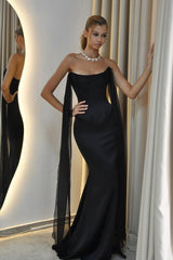 Charming Black Strapless Satin Prom Dresses Sleeveless Mermaid With Lace-Up Back Ruffle