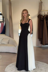 Chic Black And White Sweetheart Strap Sleeveless Satin Prom Dresses Long A-Line With Pleats
