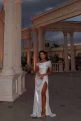 Gorgeous Silver Portrait Sleeveless Sequins Prom Dresses High Split Long On Sale