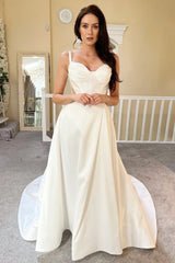 Chic Sweetheart Satin Straps Sleeveless Wedding Dresses High Slit A-Line With Buttons
