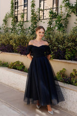 Gorgeous Navy Blue Off-The-Shoulder Tulle Prom Dress Sleeveless A-Line Beads With Zipper