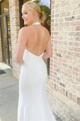 Pretty Halter Satin Sleeveless Mermaid Wedding Dresses Open Back With High Slit