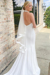 Pretty Halter Satin Sleeveless Mermaid Wedding Dresses Open Back With High Slit