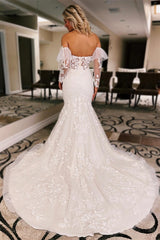 Charming Strapless Mermaid Tulle Wedding Dress Open Back Lace Appliques With Detachable Long Sleeves